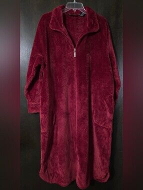 Jasmine Rose Plush Long Full Zip-Front Robe House Coat Burgundy Size 1X